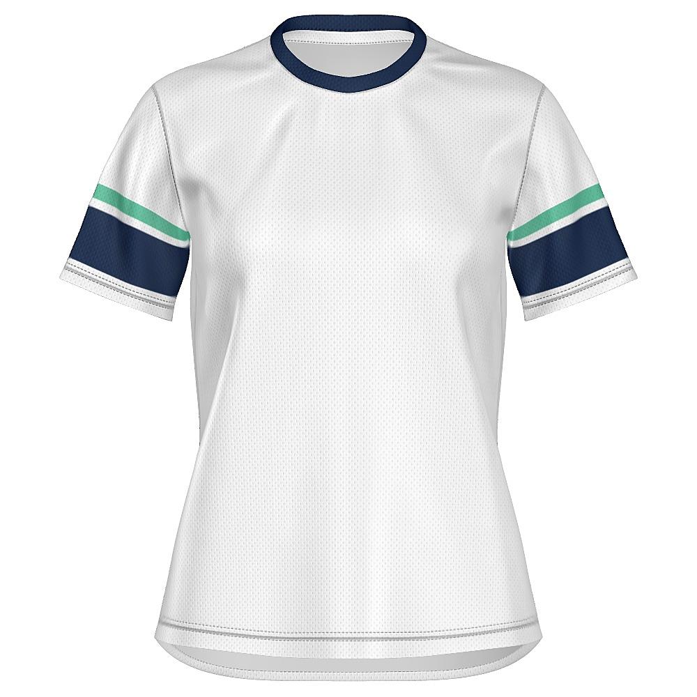 White shirt with navy and green accents on a white background