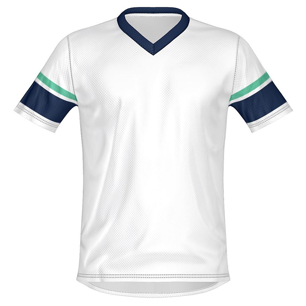 White shirt with navy and green accents on a white background