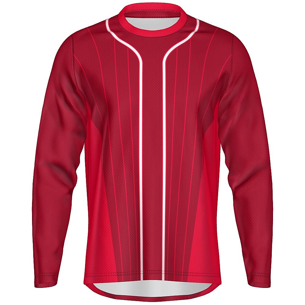 Red long-sleeve shirt with pinstripe design on a white background