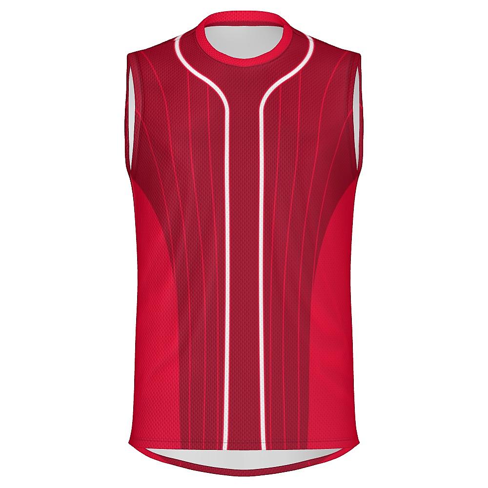 Red sleeveless shirt with pinstripe design on a white background