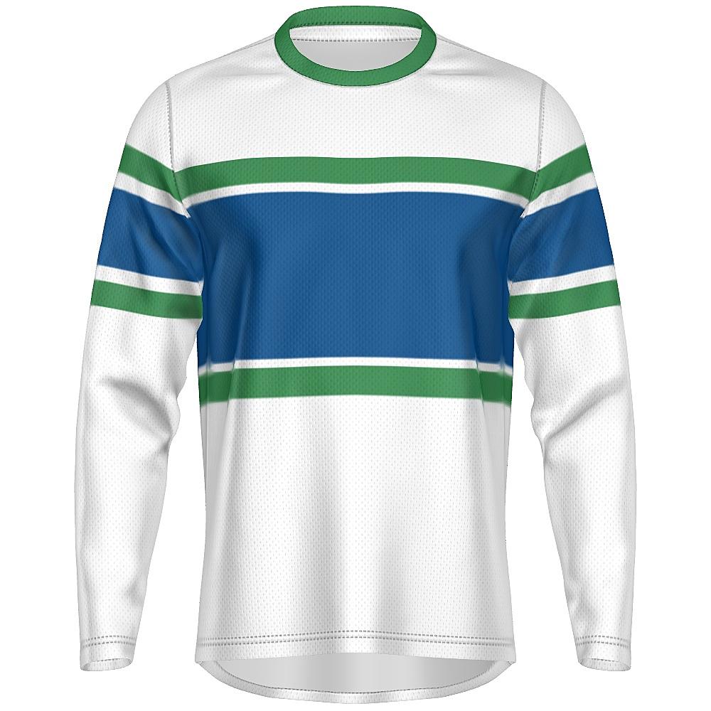 White, blue and green long-sleeve shirt on a white background