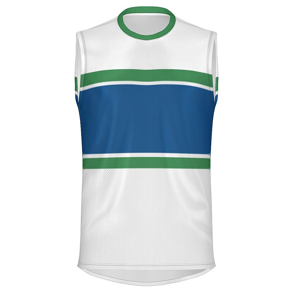 White, blue and green sleeveless shirt on a white background