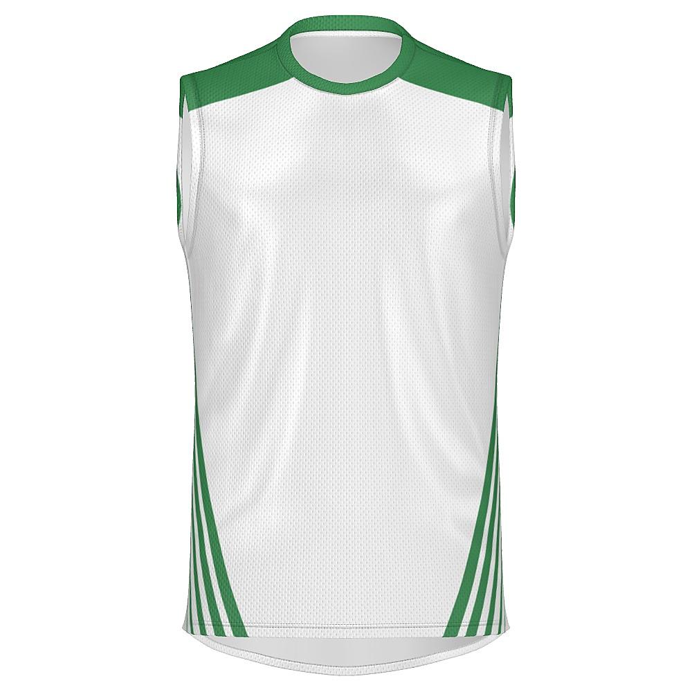 White sleeveless shirt with green accents on a white background