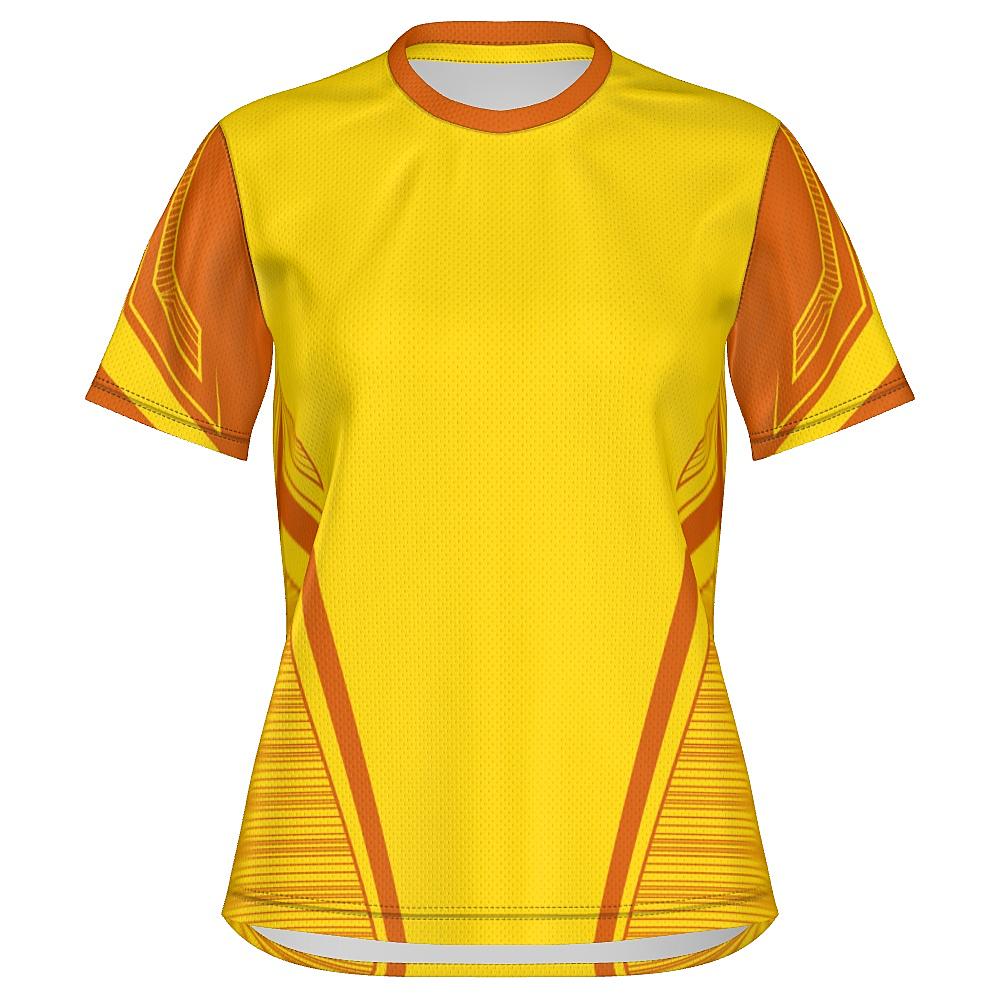 Yellow shirt with orange accents on a white background