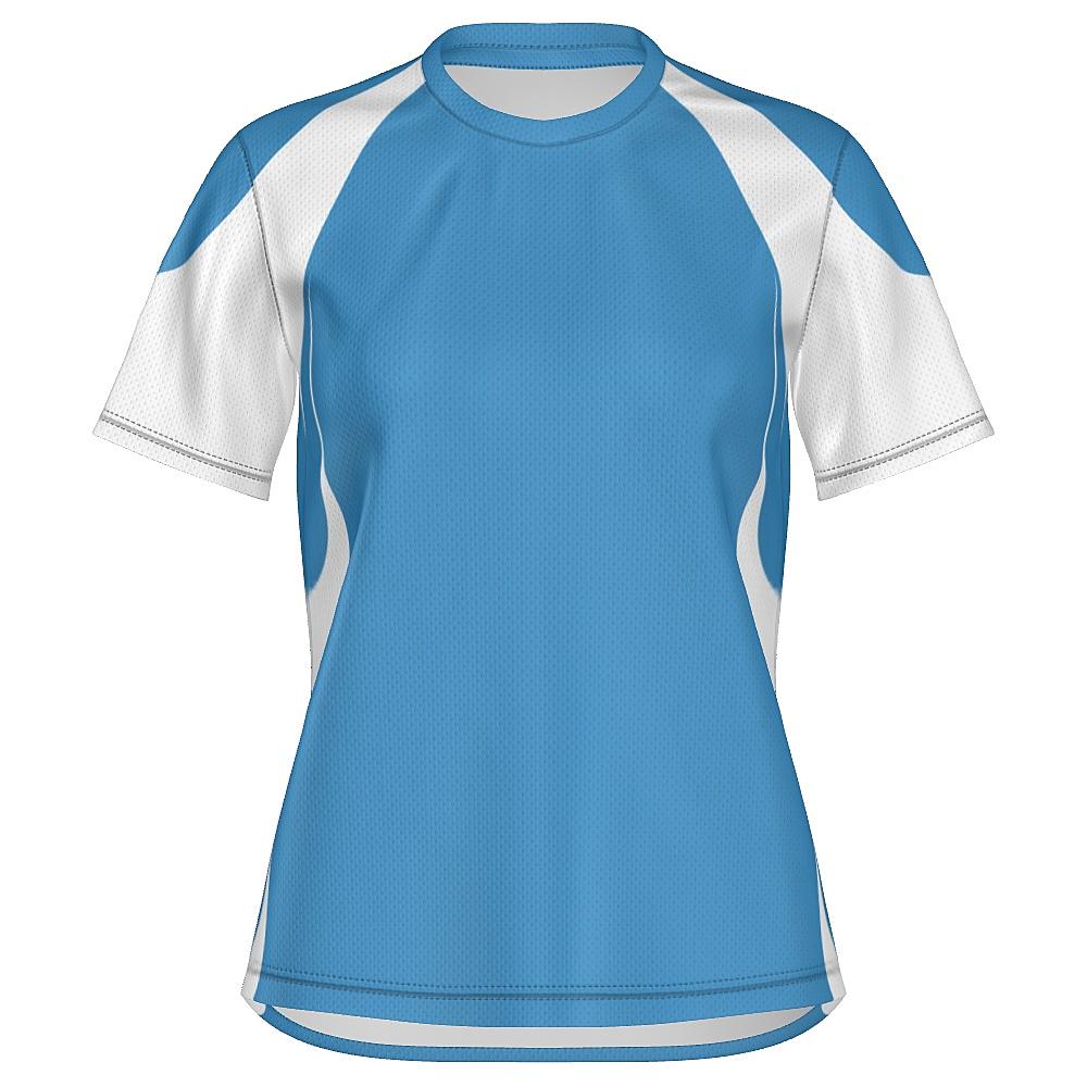 Blue shirt with white accents on a white background