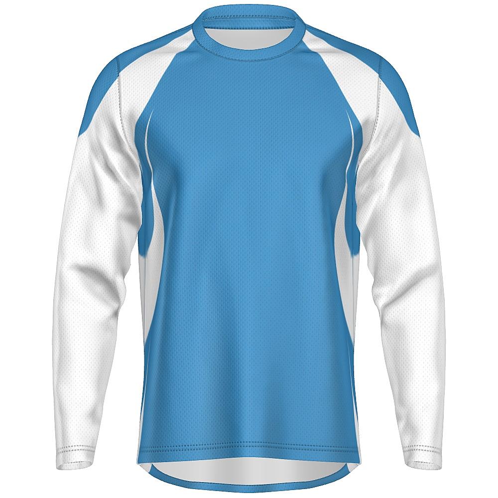 Blue long-sleeve shirt with white accents on a white background