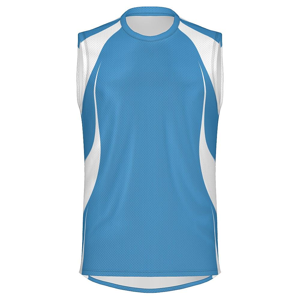 Blue sleeveless shirt with white accents on a white background