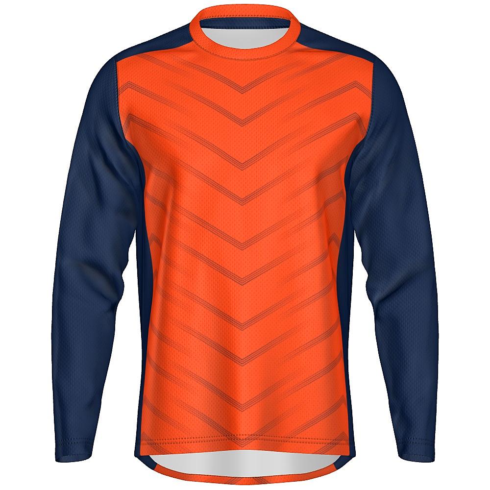 Orange long-sleeve shirt with navy accents and chevron design on a white background