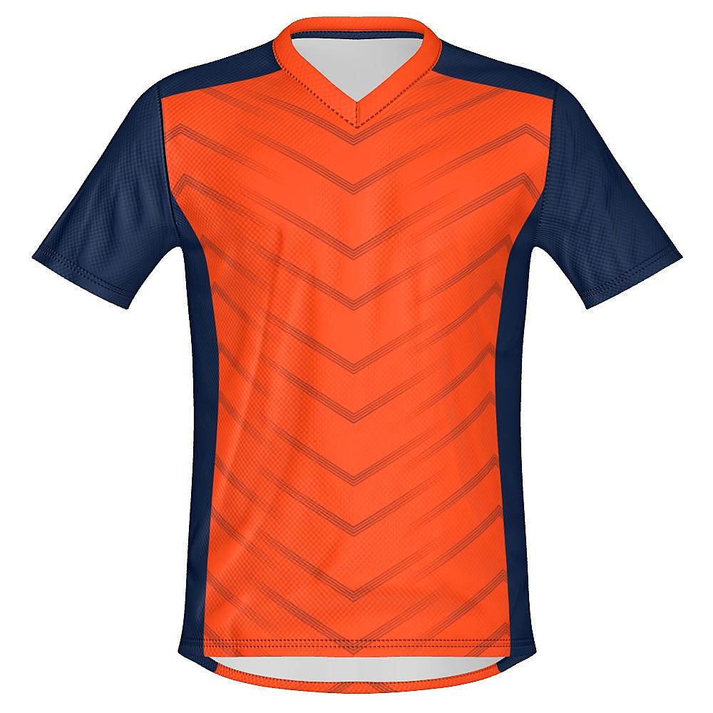 Orange shirt with navy accents and chevron design on a white background