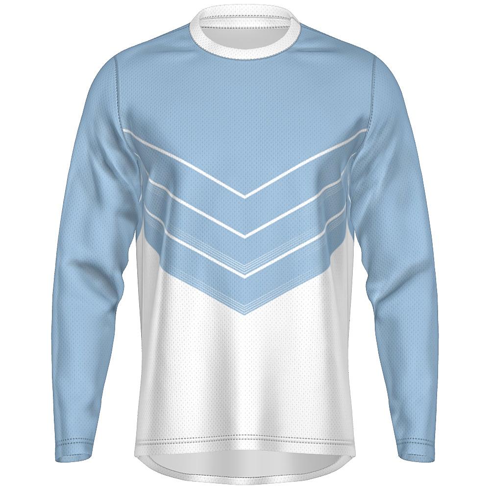 Blue and white long-sleeve shirt with chevron design on a white background