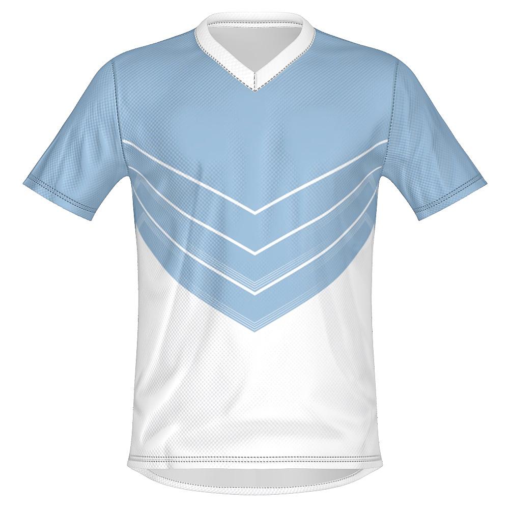 Blue and white shirt with chevron design on a white background
