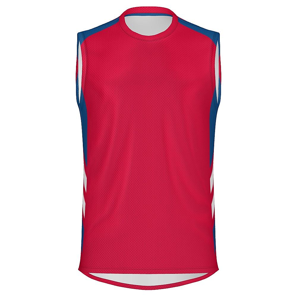 Red sleeveless shirt with blue and white accents on a white background