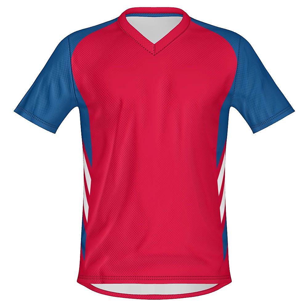 Red shirt with blue and white accents on a white background