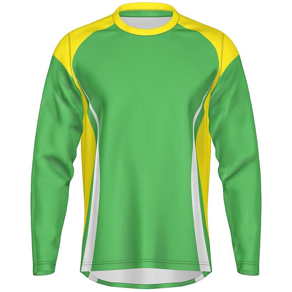 Green long-sleeve shirt with yellow and white accents on a white background