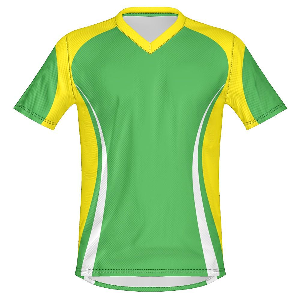 Green shirt with yellow and white accents on a white background