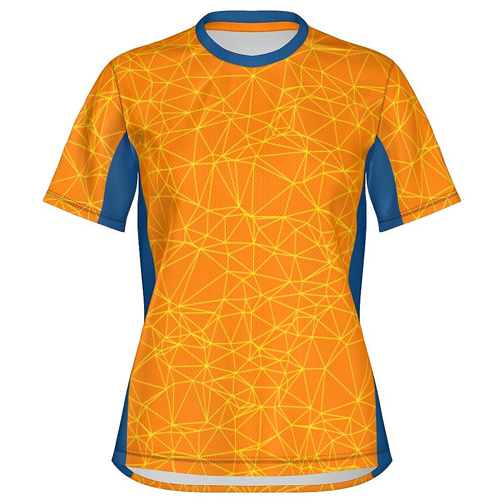 Orange shirt with yellow geometric design and blue accents on a white background