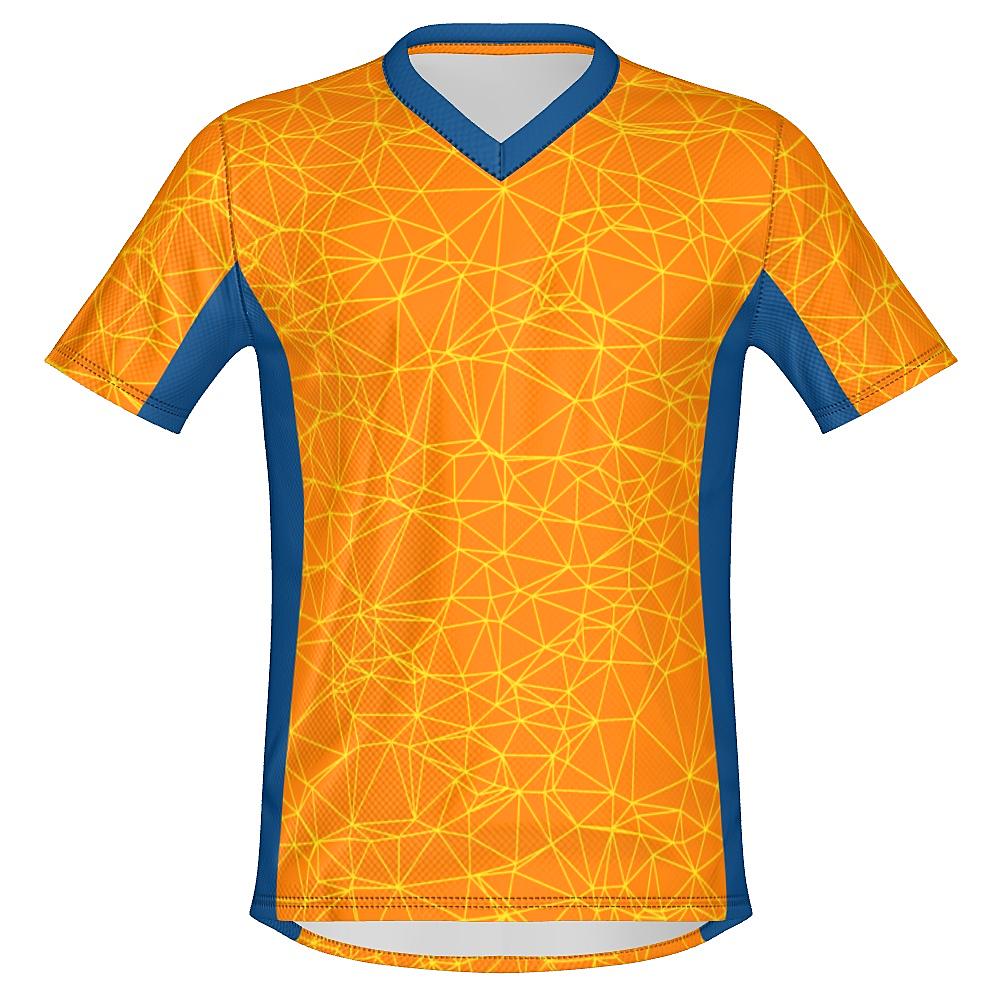 Orange shirt with yellow geometric design and blue accents on a white background