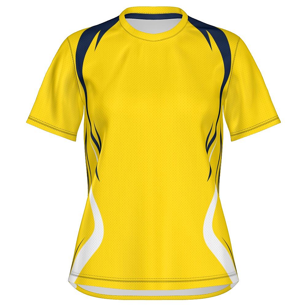 Yellow shirt with navy and white accents on a white background