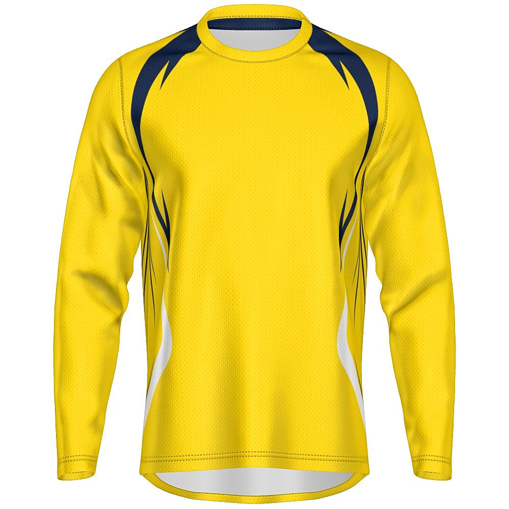 Yellow long-sleeve shirt with navy and white accents on a white background