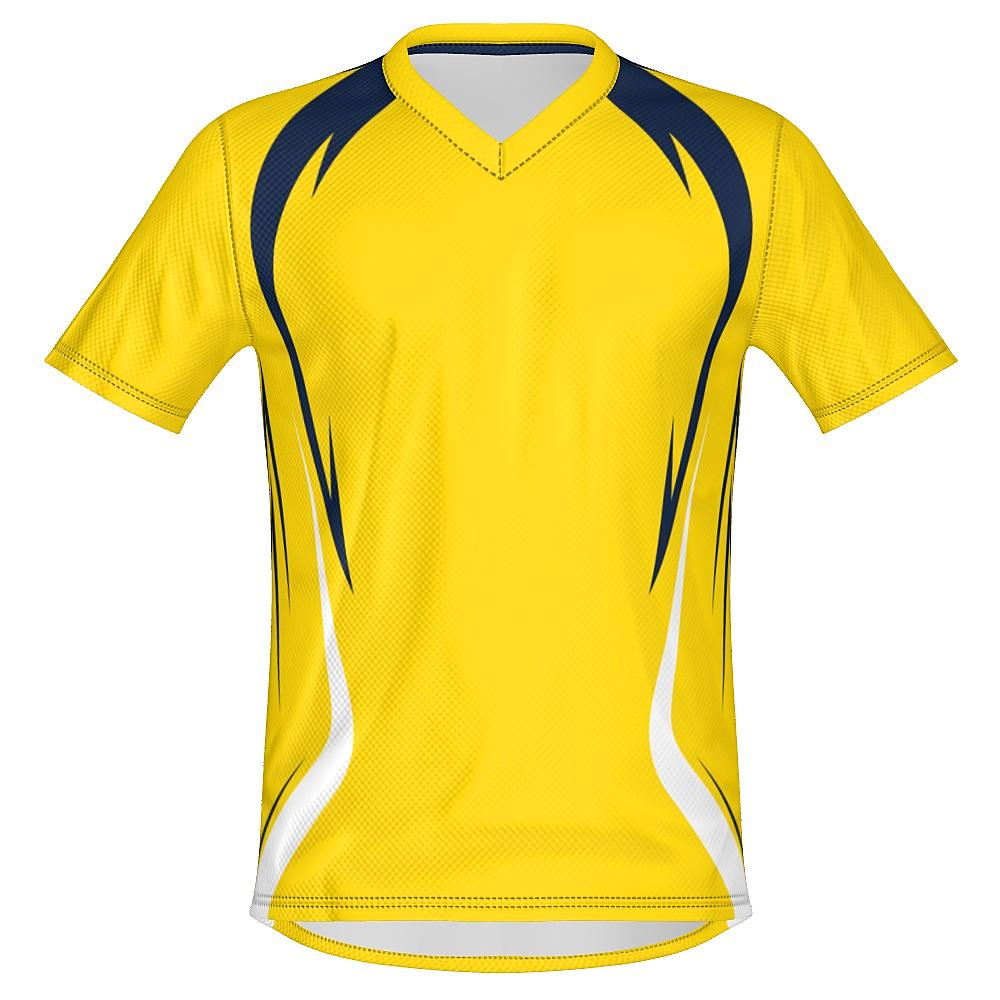 Yellow shirt with navy and white accents on a white background