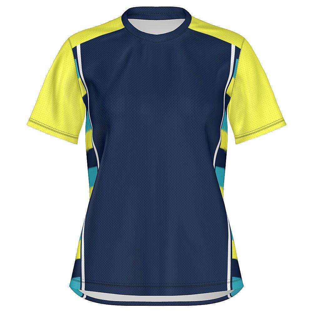 Navy shirt with yellow sleeves and striped side panels on a white background