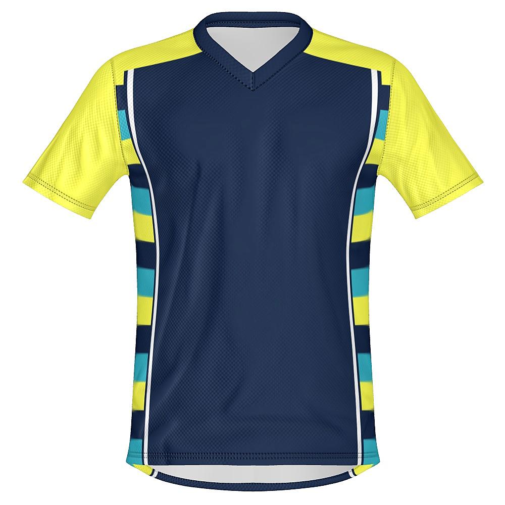 Navy shirt with yellow sleeves and striped side panels on a white background