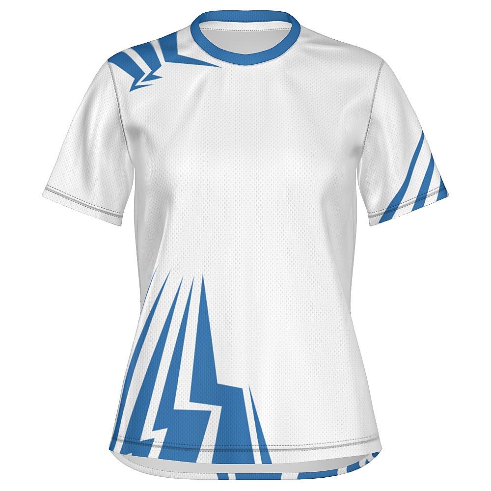 White shirt with blue bolt-shaped accents on a white background