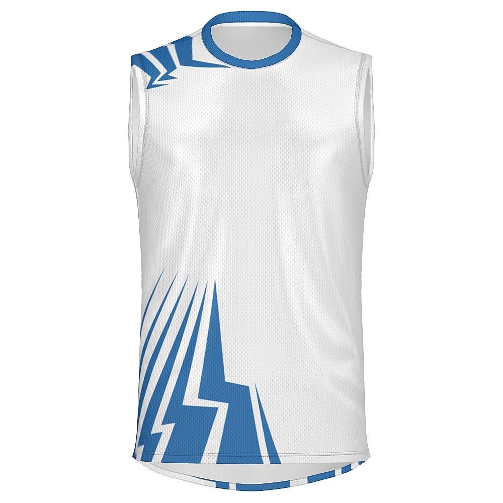 White sleeveless shirt with blue bolt-shaped accents on a white background