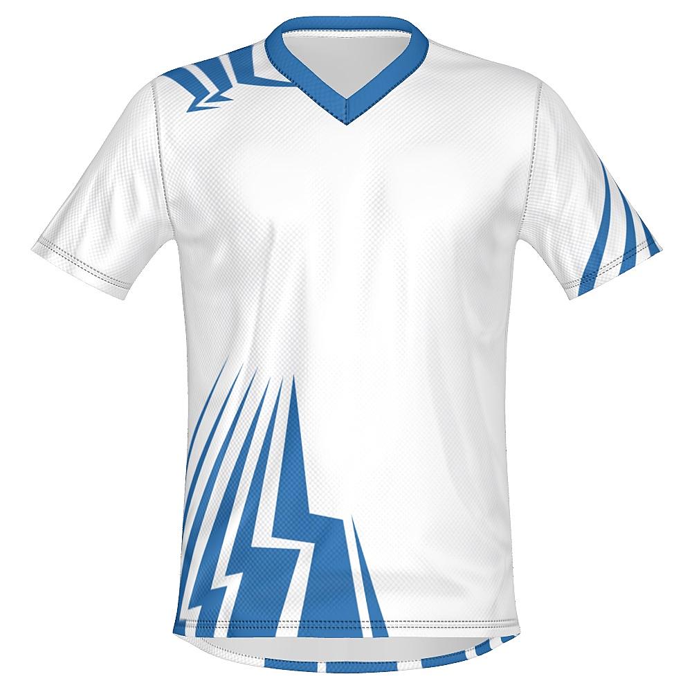 White shirt with blue bolt-shaped accents on a white background