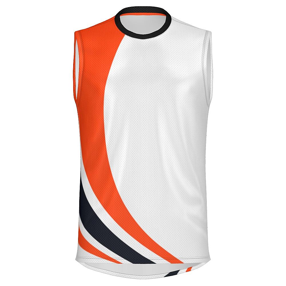 White sleeveless shirt with black and orange curved stripes on a white background
