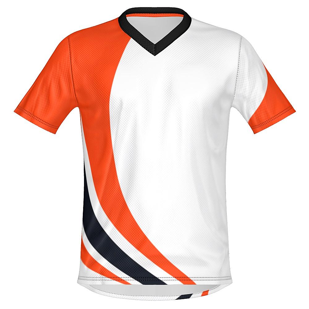 White shirt with black and orange curved stripes on a white background