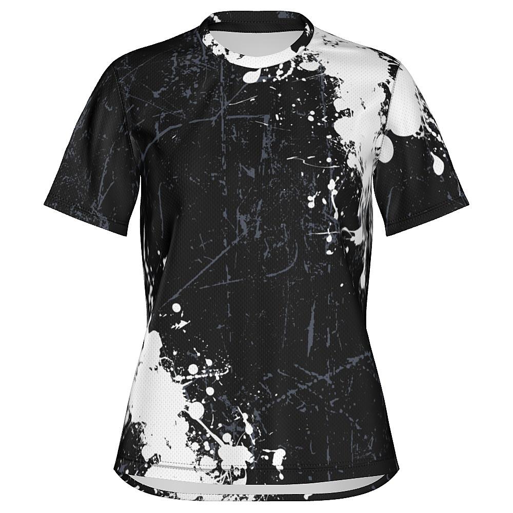 Black shirt with white and grey distressed design on a white background