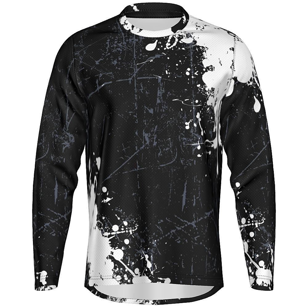 Black long-sleeve shirt with white and grey distressed design on a white background
