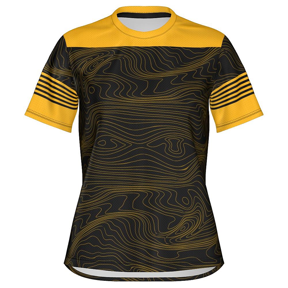 Black shirt with yellow accents and topographic design on a white background