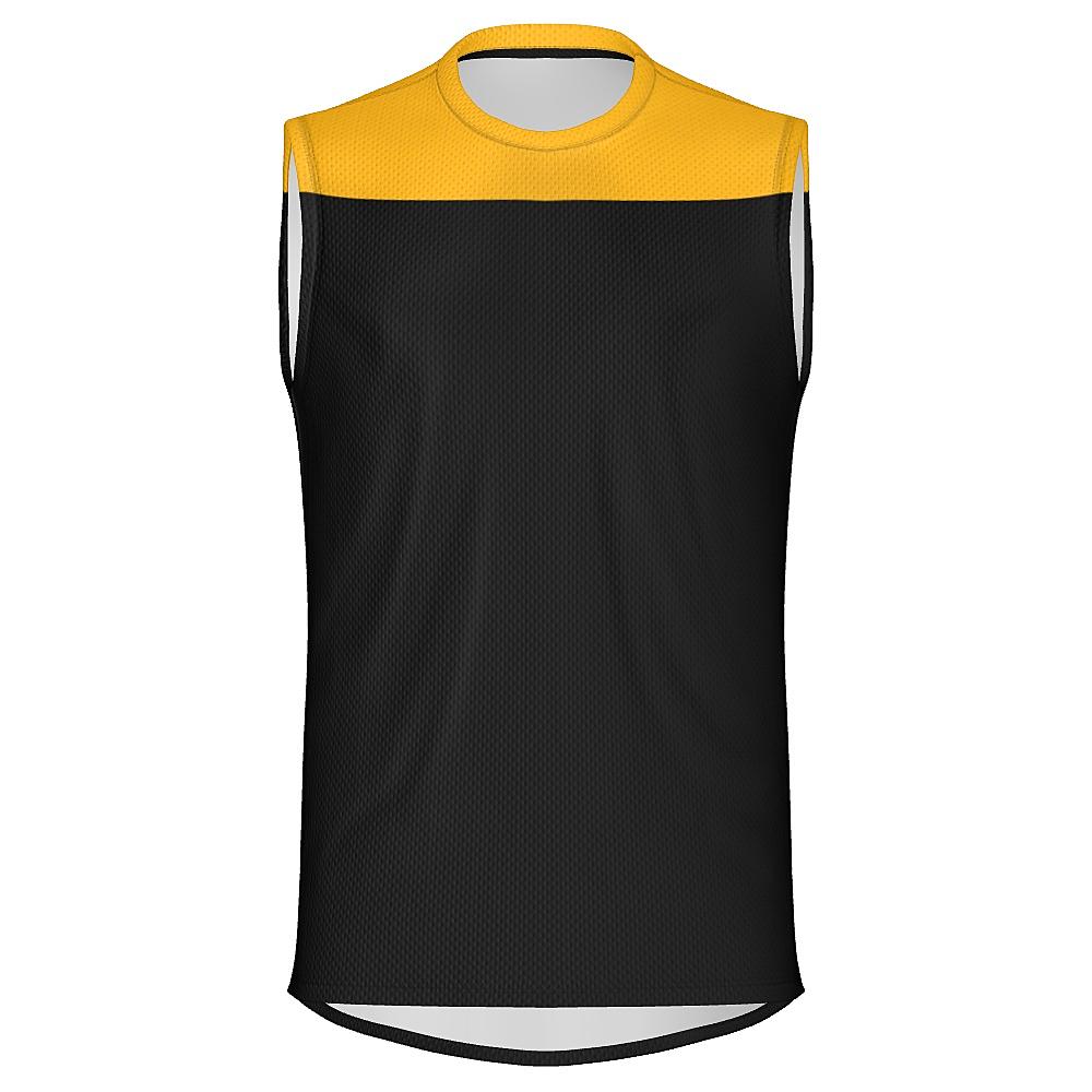 Black sleeveless shirt with yellow shoulders on a white background