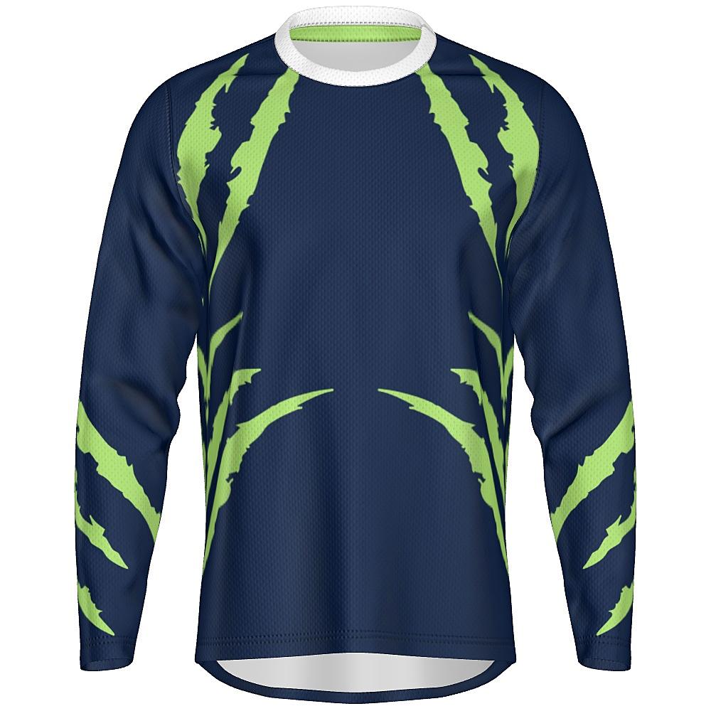Blue long-sleeve shirt with green accents on a white background