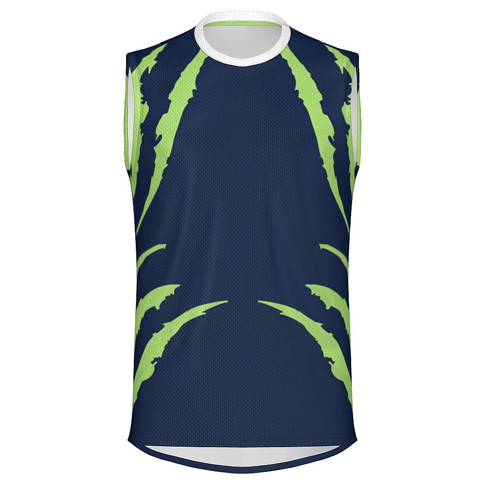Blue sleeveless shirt with green accents on a white background