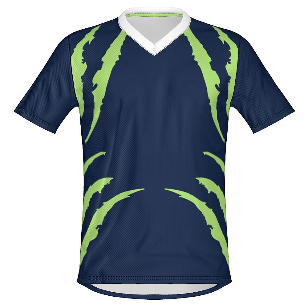 Blue shirt with green accents on a white background