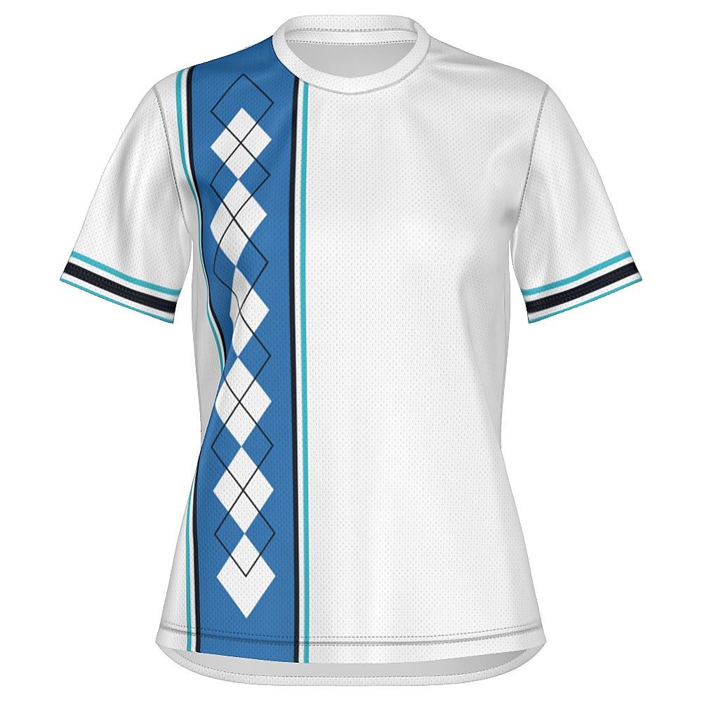 White shirt with blue argyle design on a white background