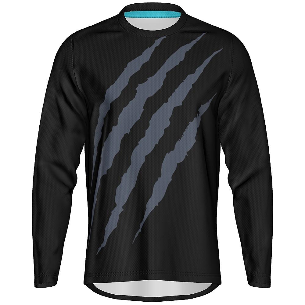 Black long-sleeve shirt with grey claw-mark design on a white background