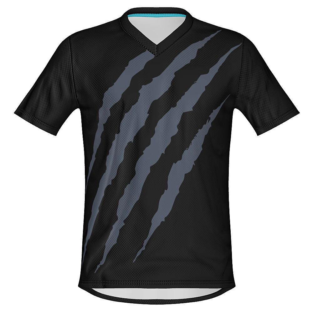 Black shirt with grey claw-mark design on a white background