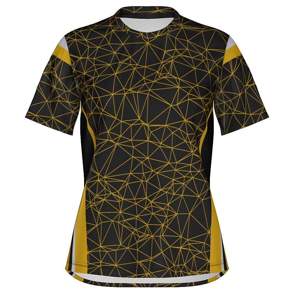 Black shirt with yellow geometric design on a white background