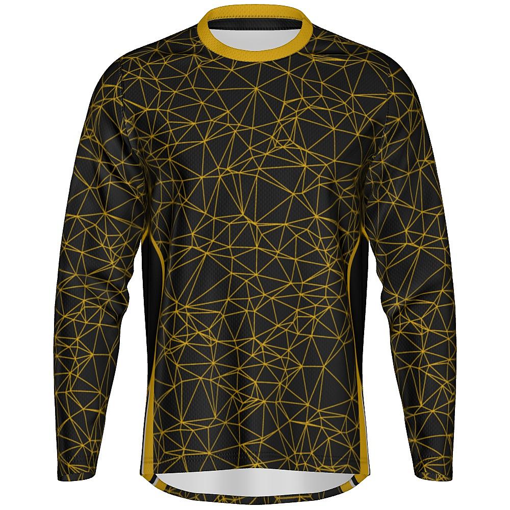 Black long-sleeve shirt with yellow geometric design on a white background