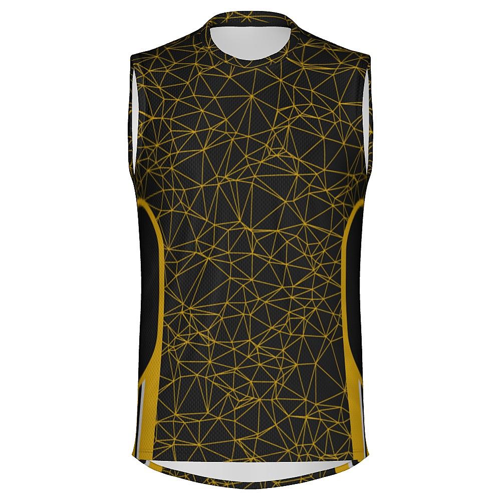 Black sleeveless shirt with yellow geometric design on a white background