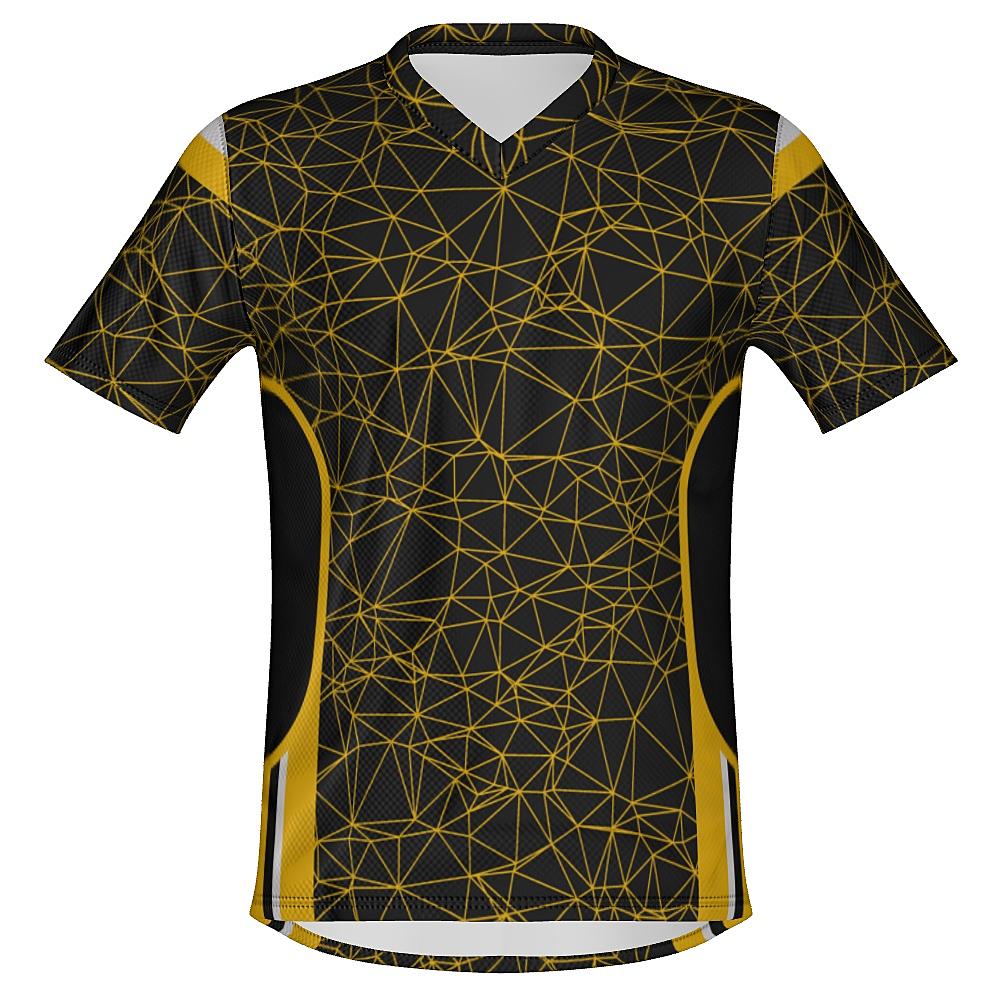 Black shirt with yellow geometric design on a white background