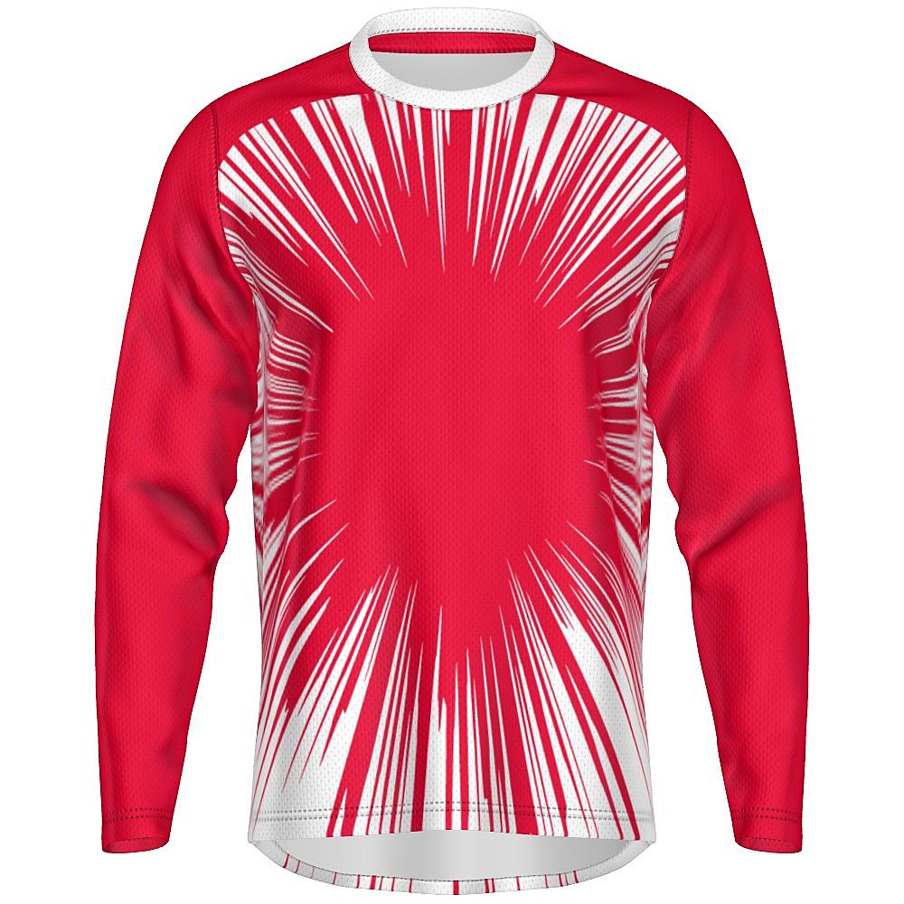 Red long-sleeve shirt with starburst design on a white background