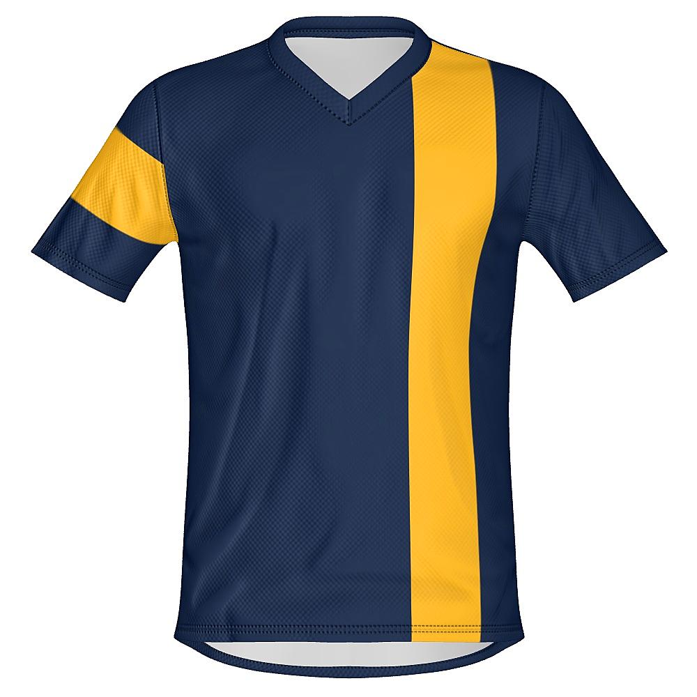Navy shirt with yellow stripes on a white background