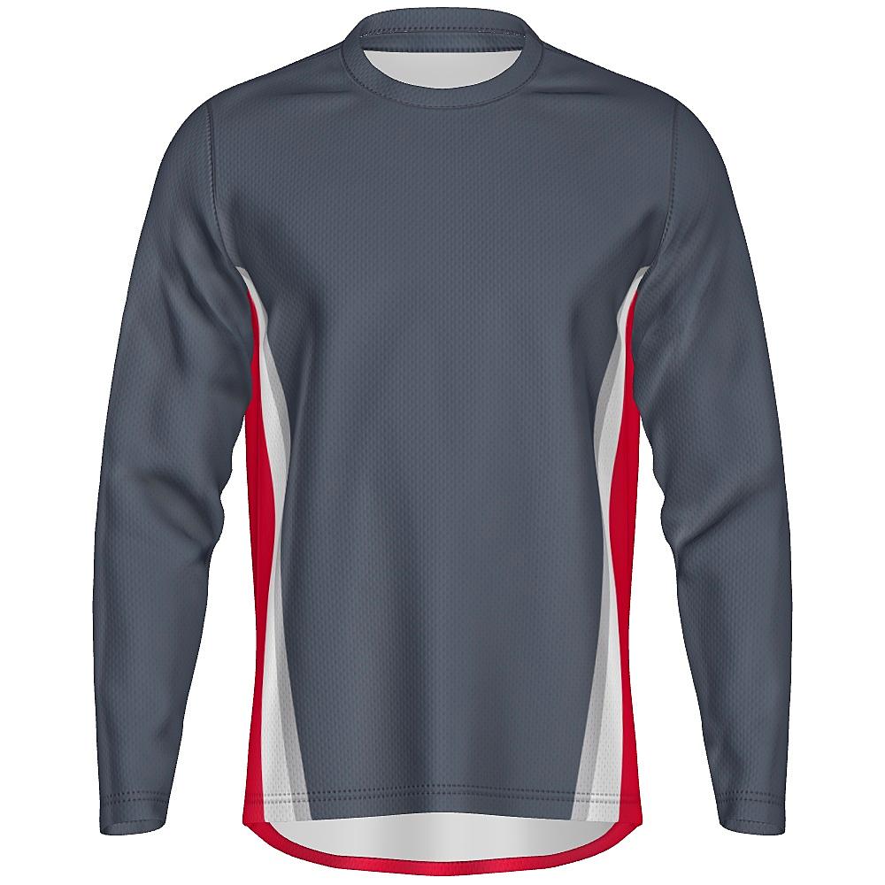 Grey long-sleeve shirt with white and red accents on a white background