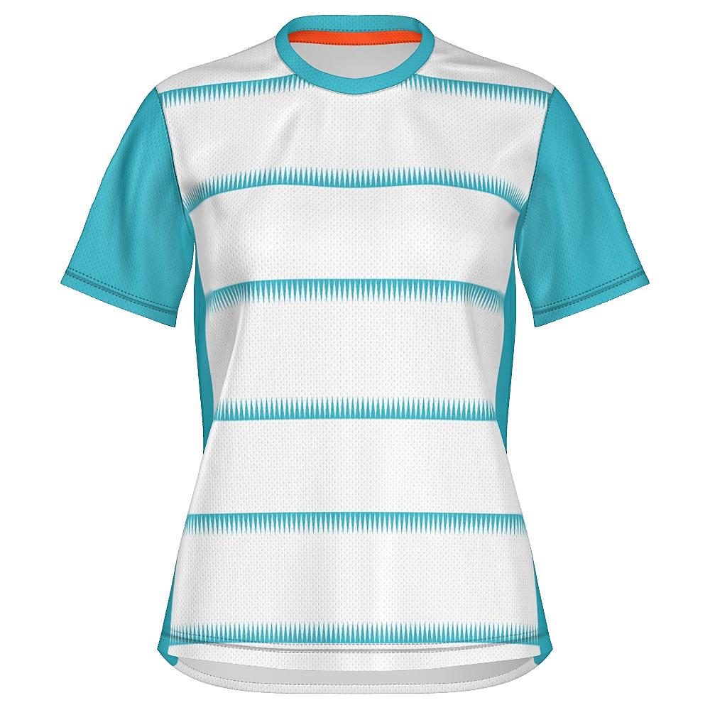 White shirt with teal sleeves and sawtooth stripes
