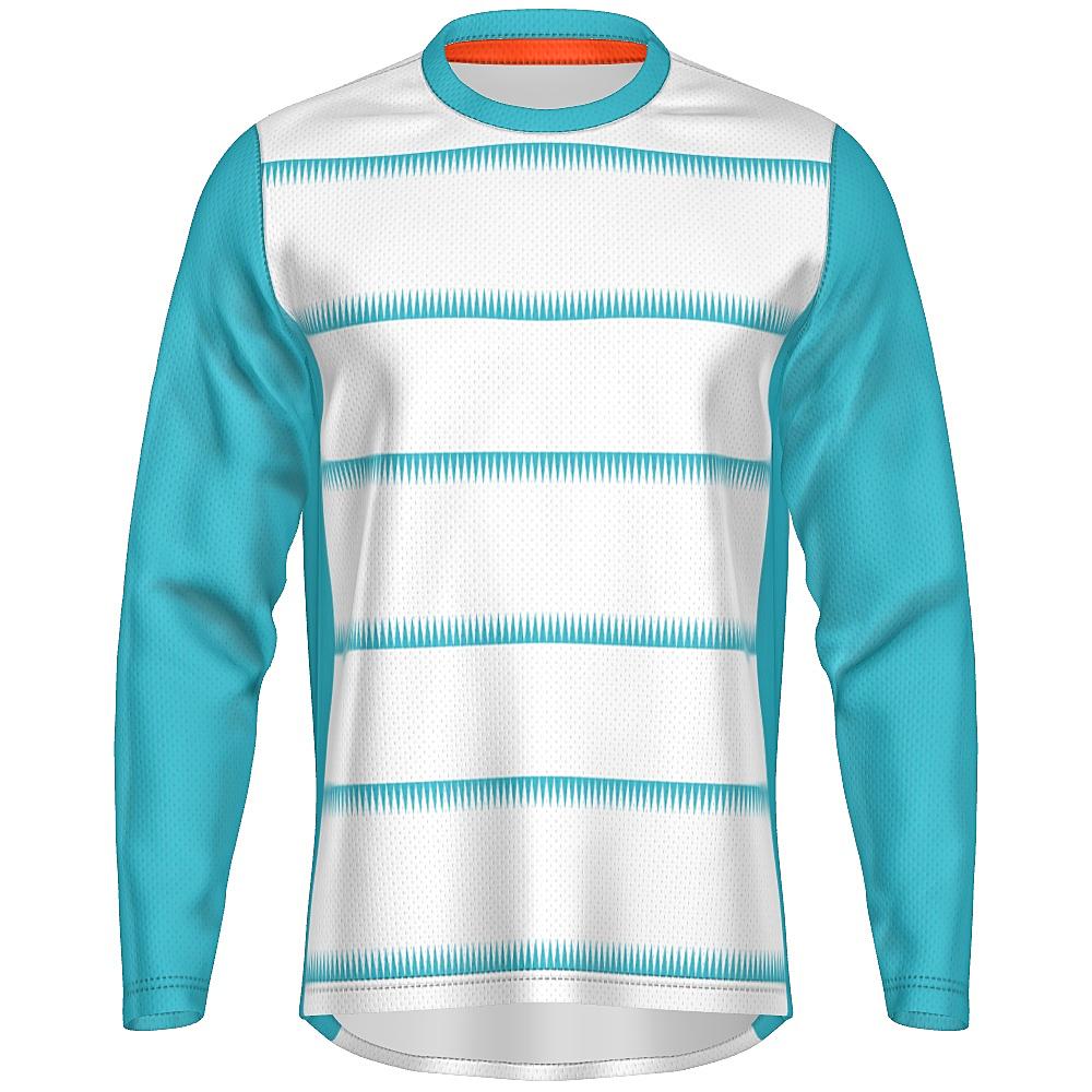 White long-sleeve shirt with teal sleeves and sawtooth stripes
